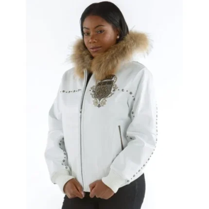 White Leather Fur Hood Jacket