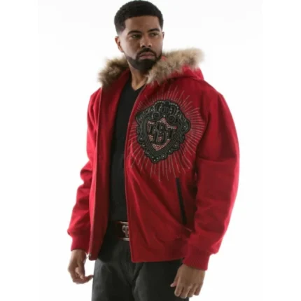 Red Diamond Fur Hooded Wool Jacket