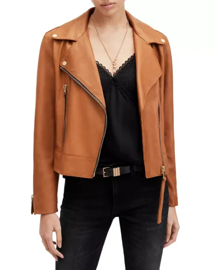 Brown Zipper Cropped Leather Jacket