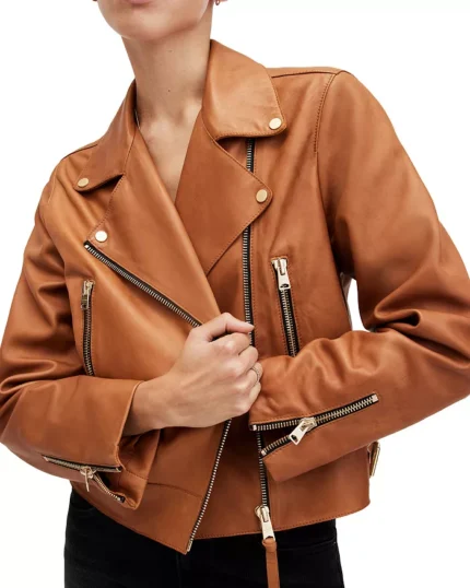 Brown Zipper Cropped Leather Jacket