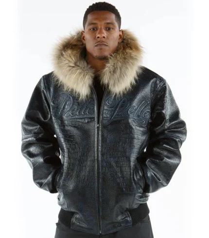 Pelle Pelle Dark Blue Fur Hooded Real Leather Jacket