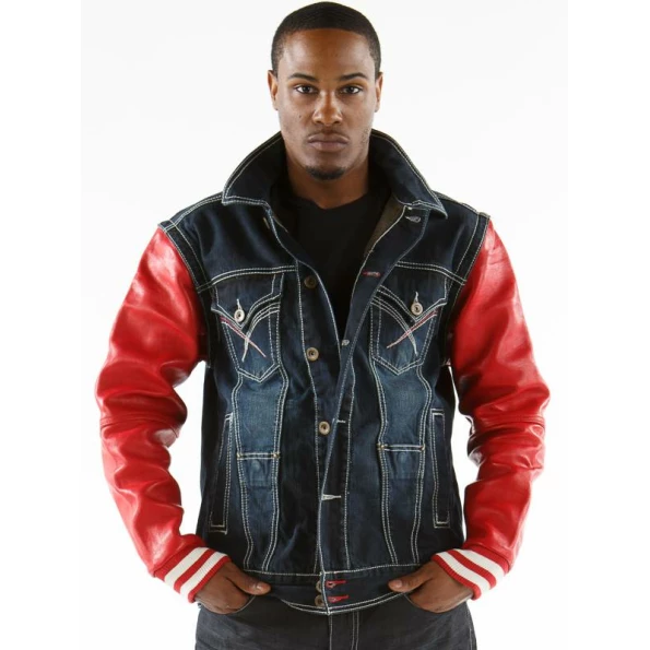 Pelle Pelle Black Jeans Jacket With Red Leather Sleeves