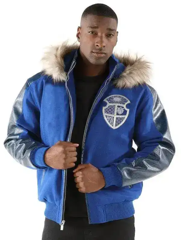 Pelle Pelle Mens Fur Hooded Blue Leather Jacket